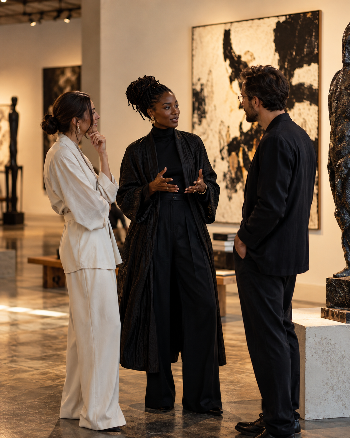 Creative professionals in conversation at an art gallery