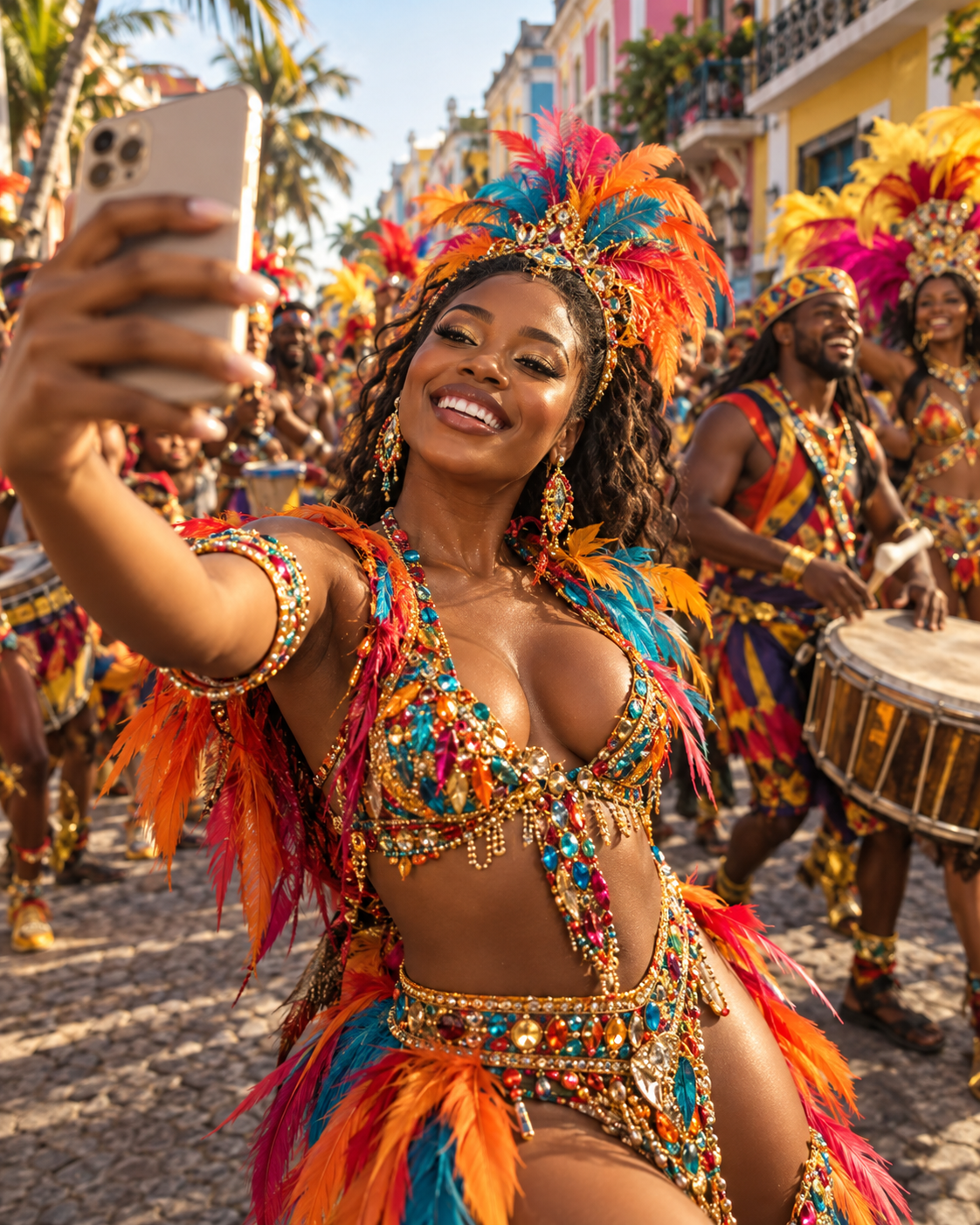 Content creator filming herself during an immersive carnival experience
